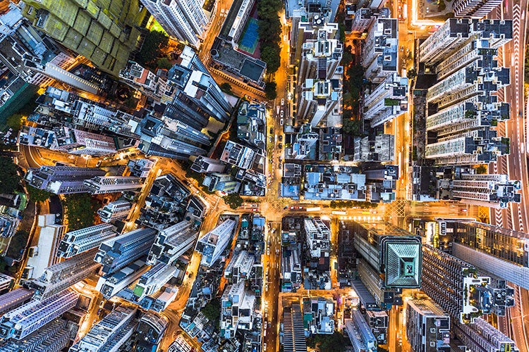 Drone image of city at night