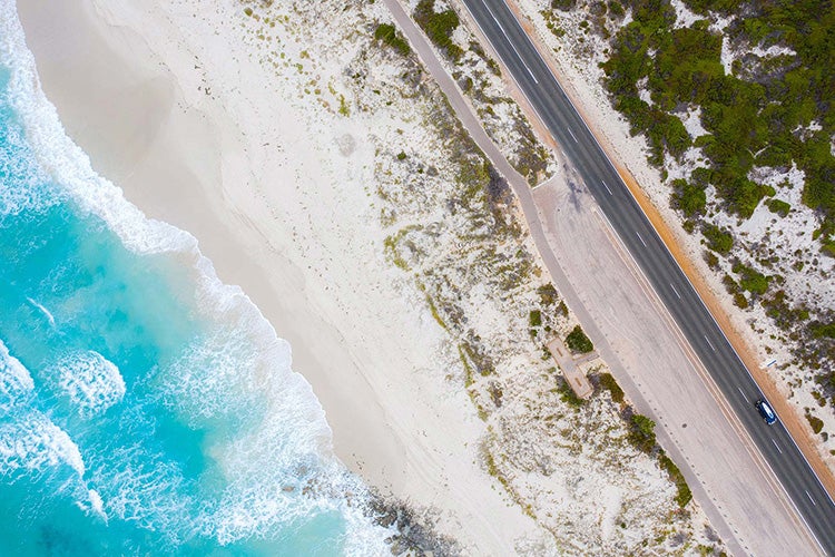 Drone photo of a beach and water