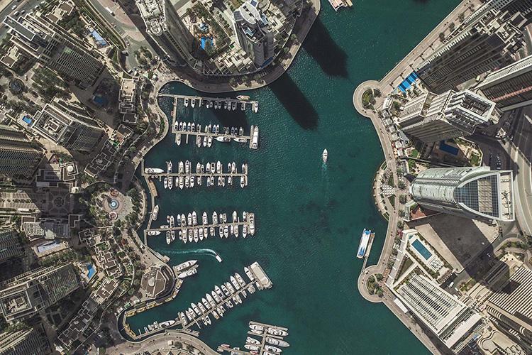 Drone photo of harbour in Dubai